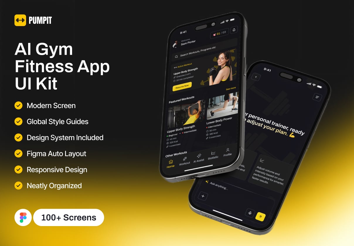 Pumpit - AI Gym Fitness App UI Kit - Mobile design asset by ui8