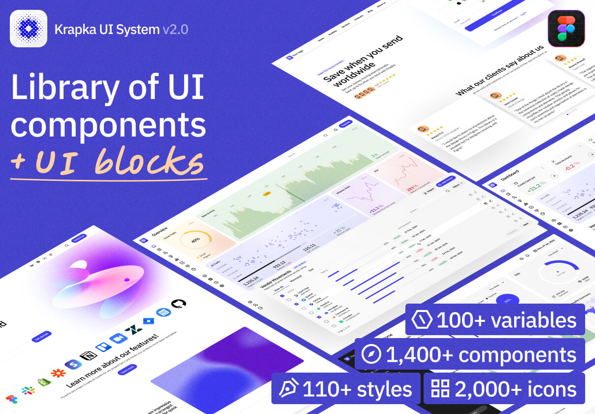 Krapka UI System [v2.0] – Figma UI components library + ready-made UI blocks. Variables included.