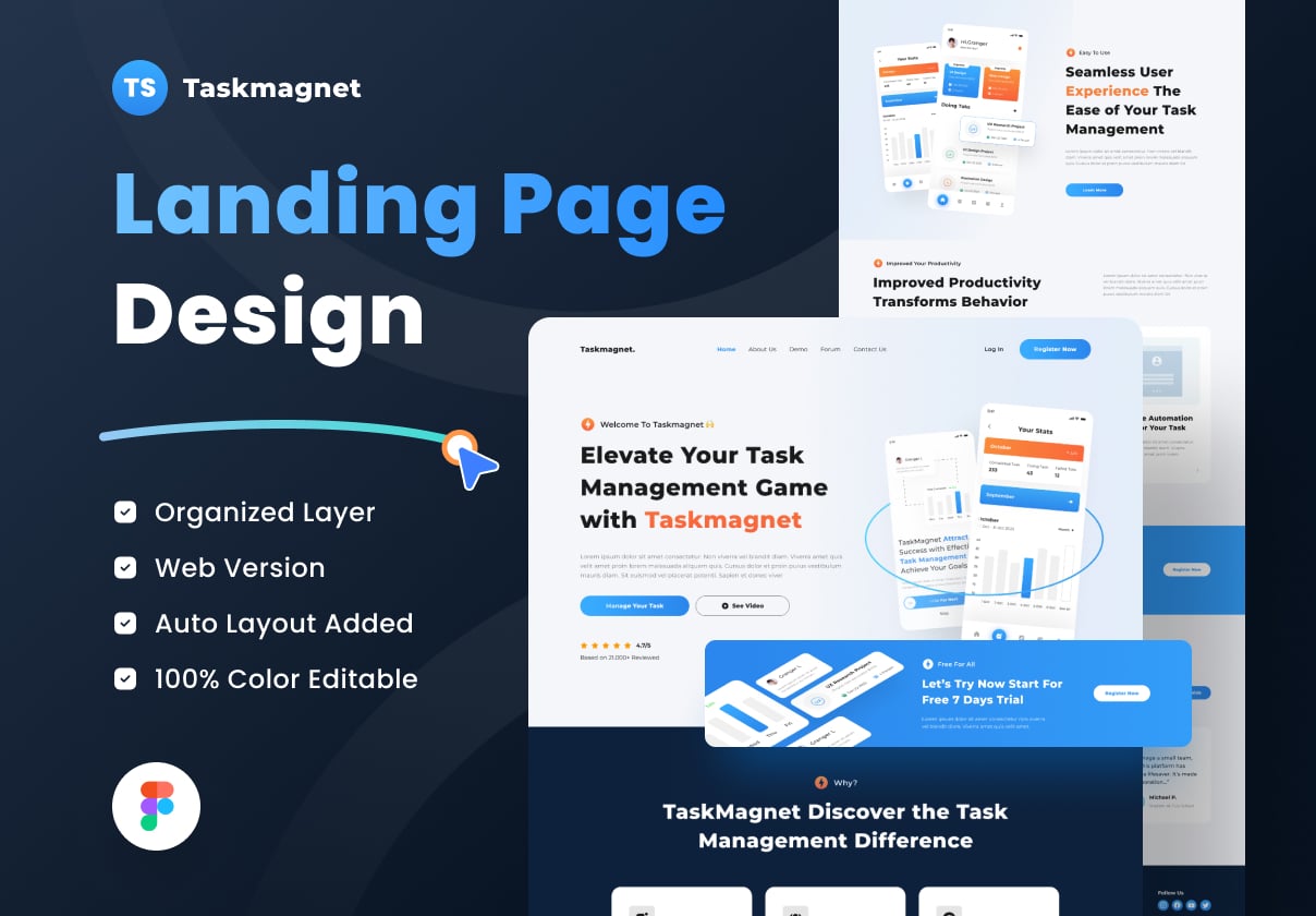 Taskmagnet - Task Management Landing Page Design - Landing Page design asset by UI8