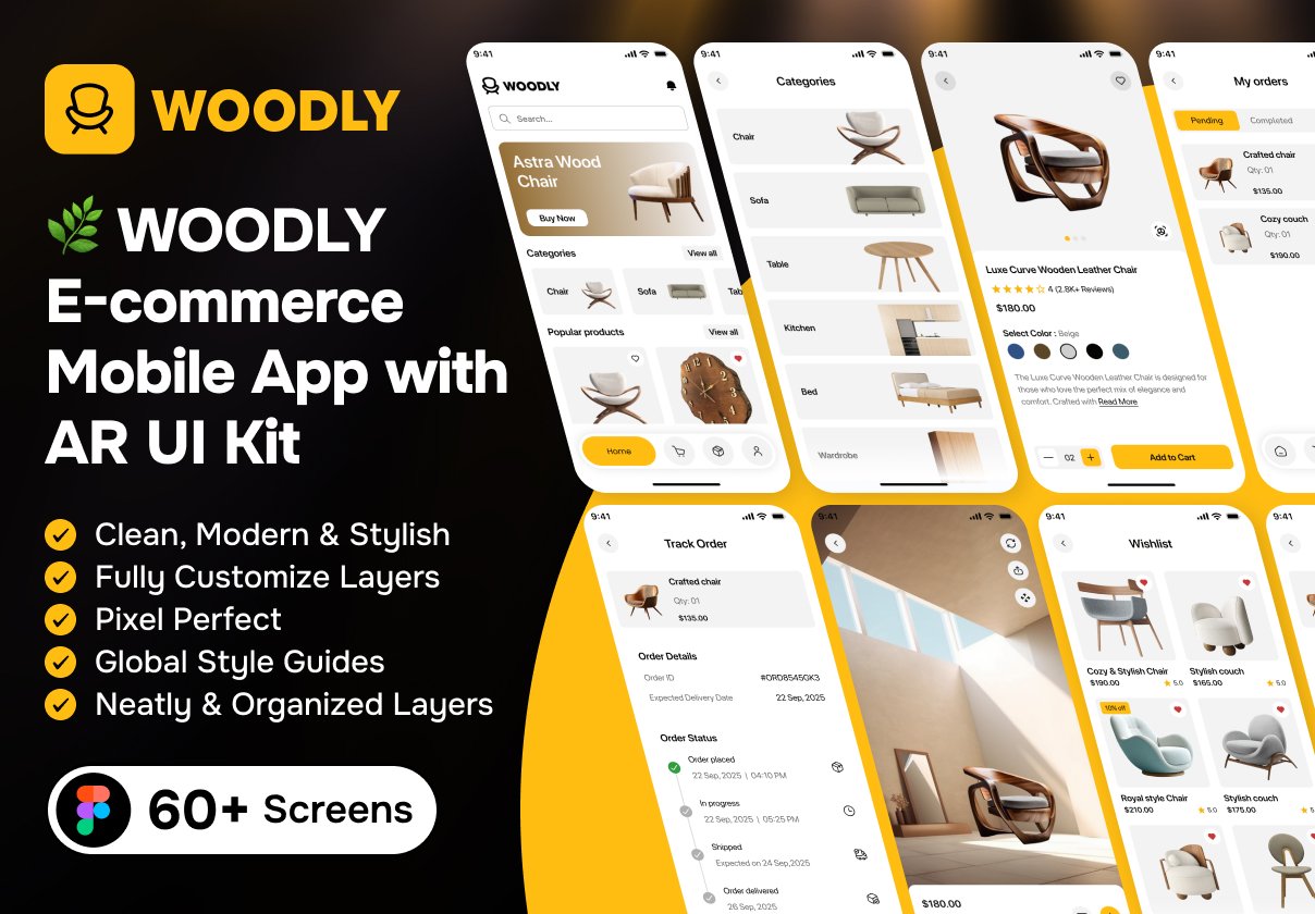 🌿 WOODLY – E-commerce Mobile App UI Kit with AR