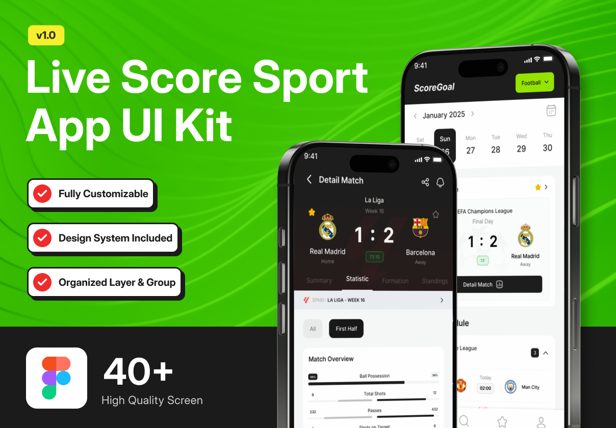 ScoreGoal - Live Score Sport App UI Kit