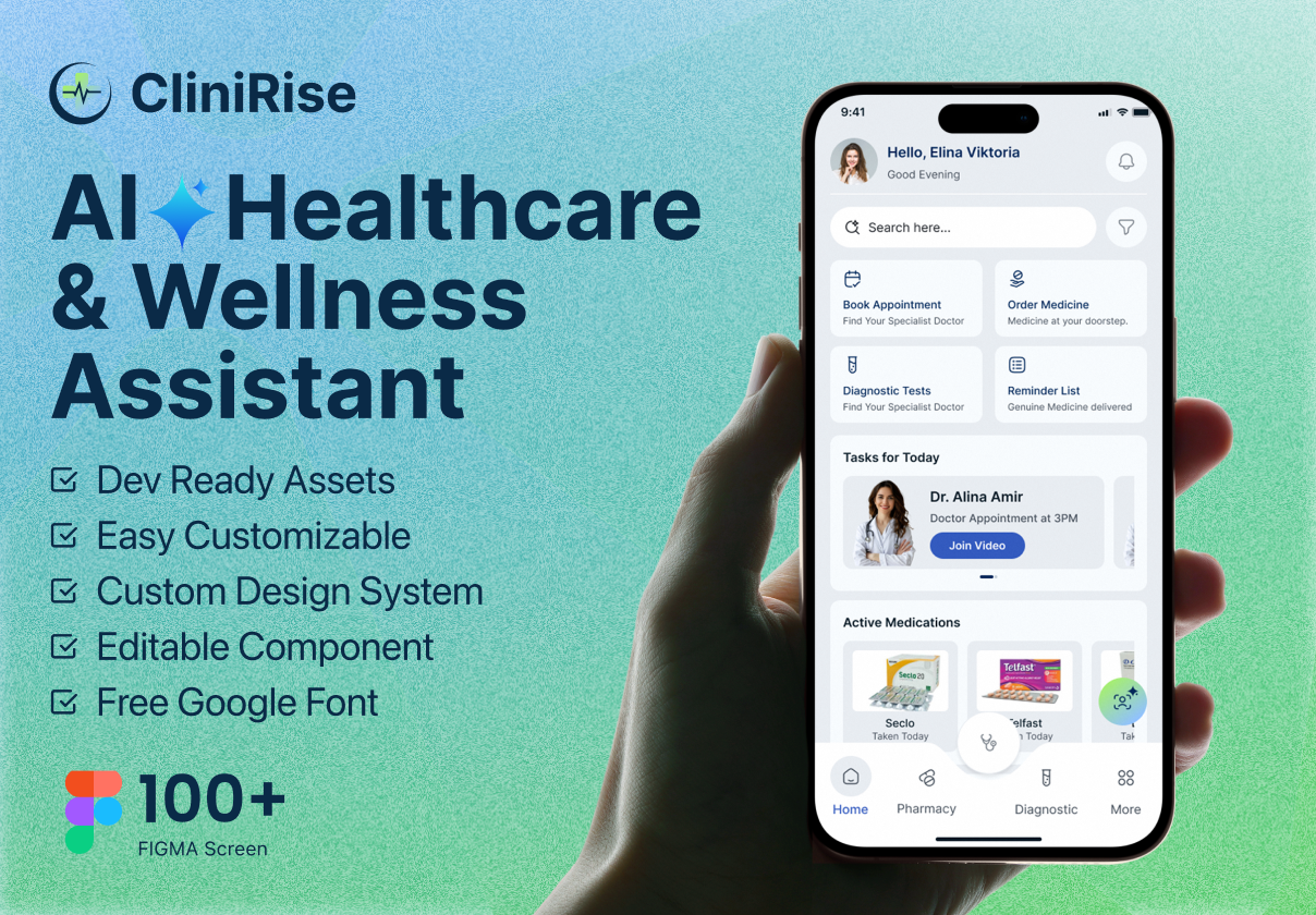 CliniRise – AI Healthcare & Wellness Assistant Mobile App UI Kit