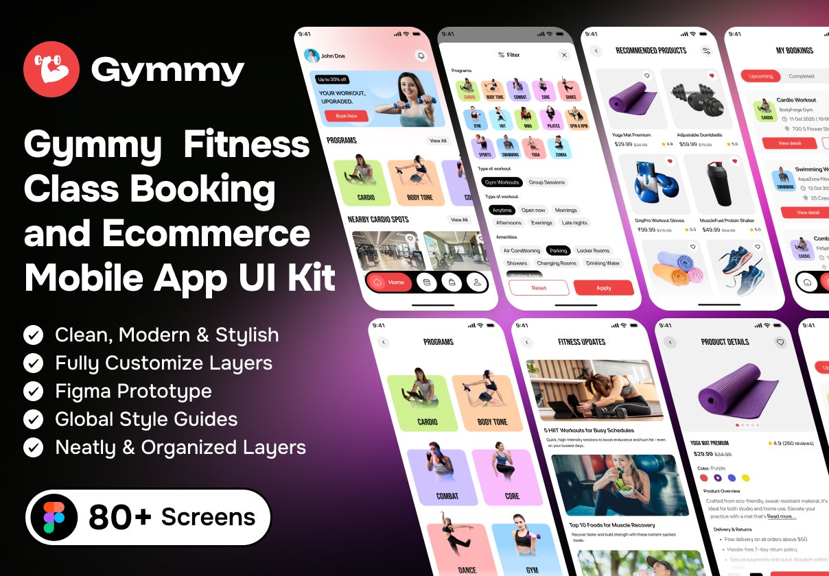 Gymmy  Fitness Class Booking and Ecommerce Mobile App UI Kit