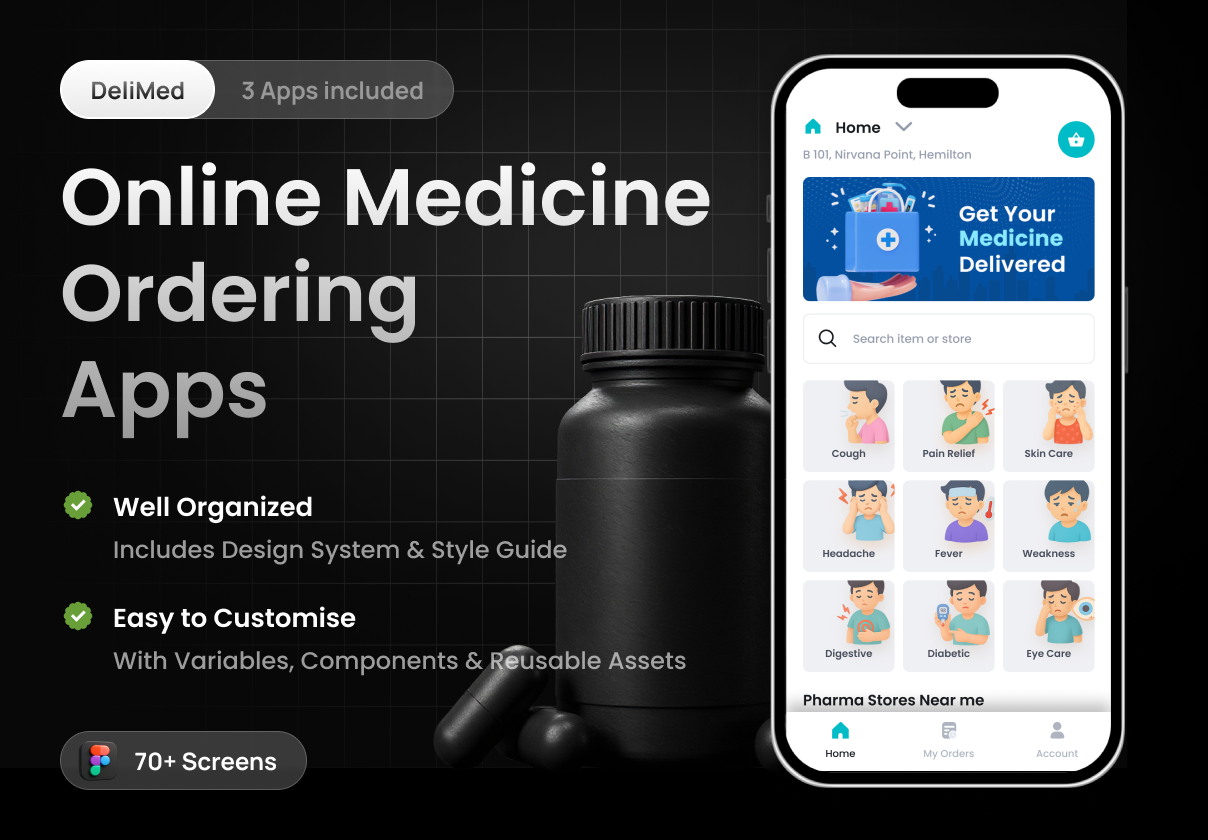 3 Apps | Medicine Delivery App | DeliMed | Figma