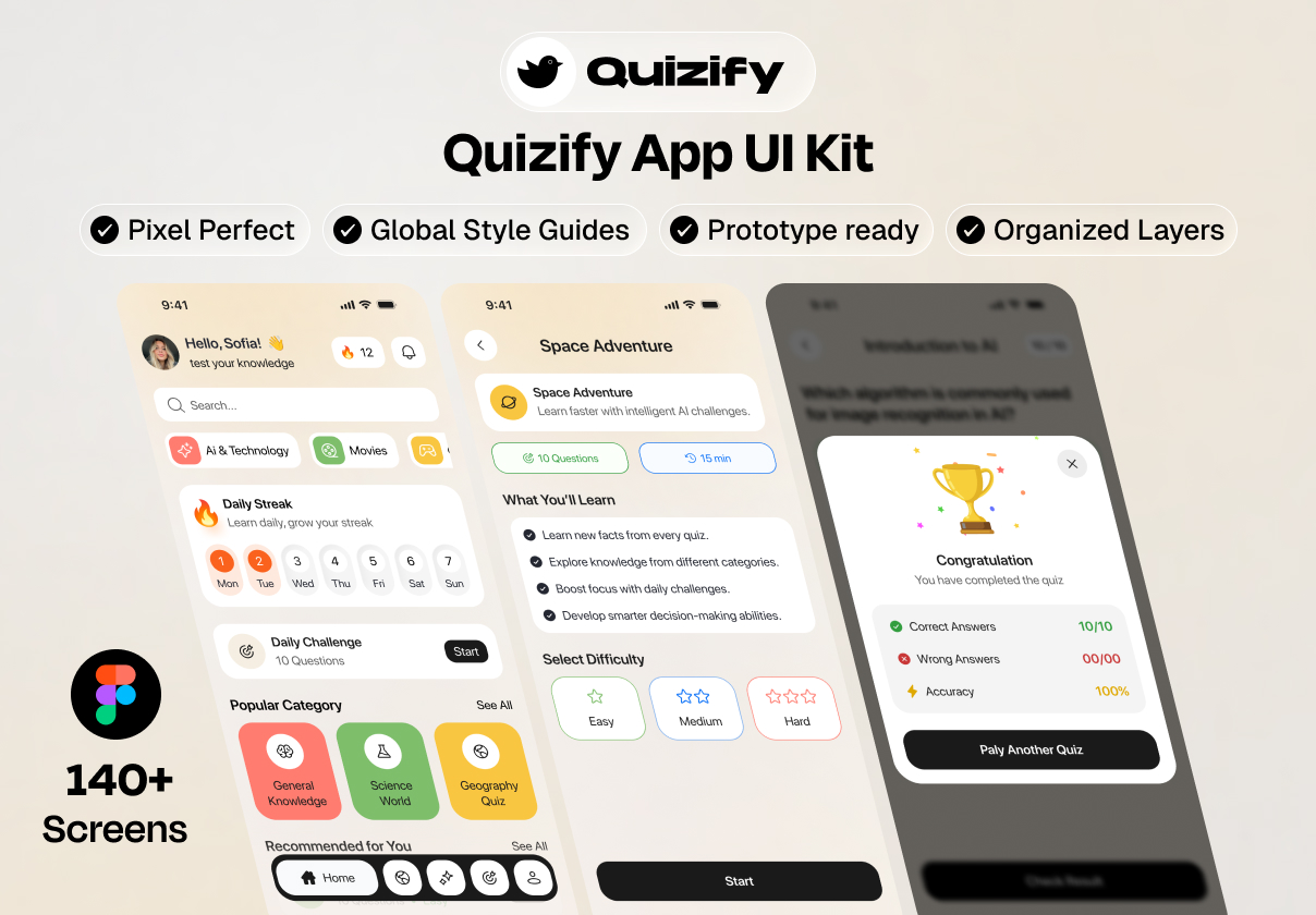Quizify App UI Kit - Mobile design asset by ui8