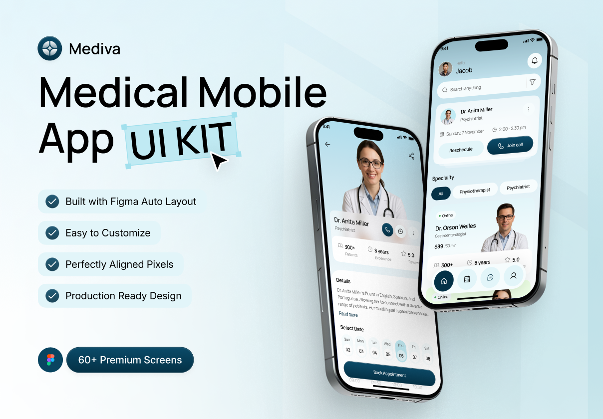Mediva - Medical Mobile App UI Kit - Mobile design asset by ui8