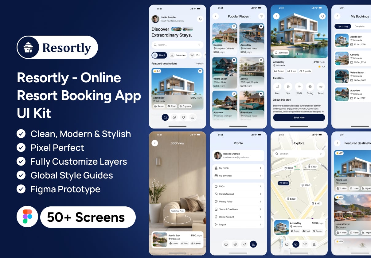 Resortly - Online Resort Booking App UI Kit - Mobile design asset by ui8