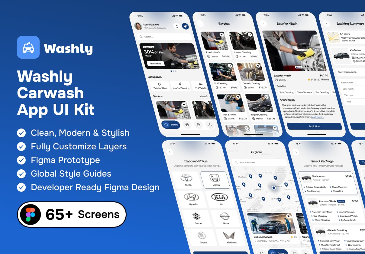 Washly - Carwash App UI Kit - Mobile design asset by ui8