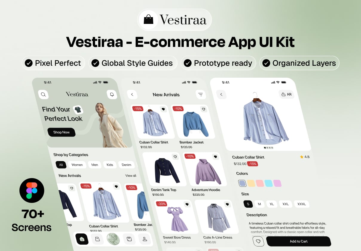 Vestiraa – Fashion E-Commerce App UI Kit - Ecommerce, Mobile design asset by ui8