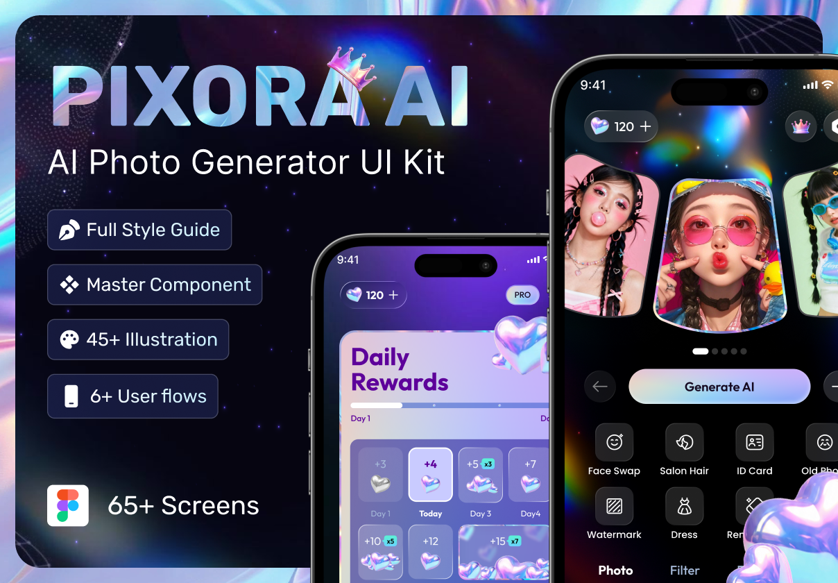 AI Photo Editor & Image Generator Mobile App UI Kit - Pixora AI - Mobile design asset by ui8