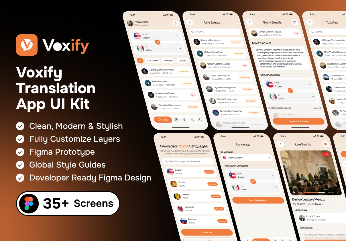 AI Voxify – Translation App UI Kit - Mobile design asset by ui8
