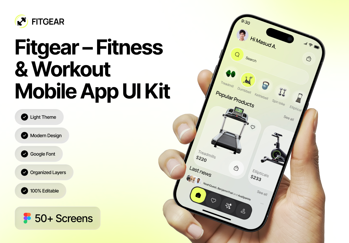 Fitgear – Fitness & Workout Mobile App UI Kit - Mobile design asset by ui8
