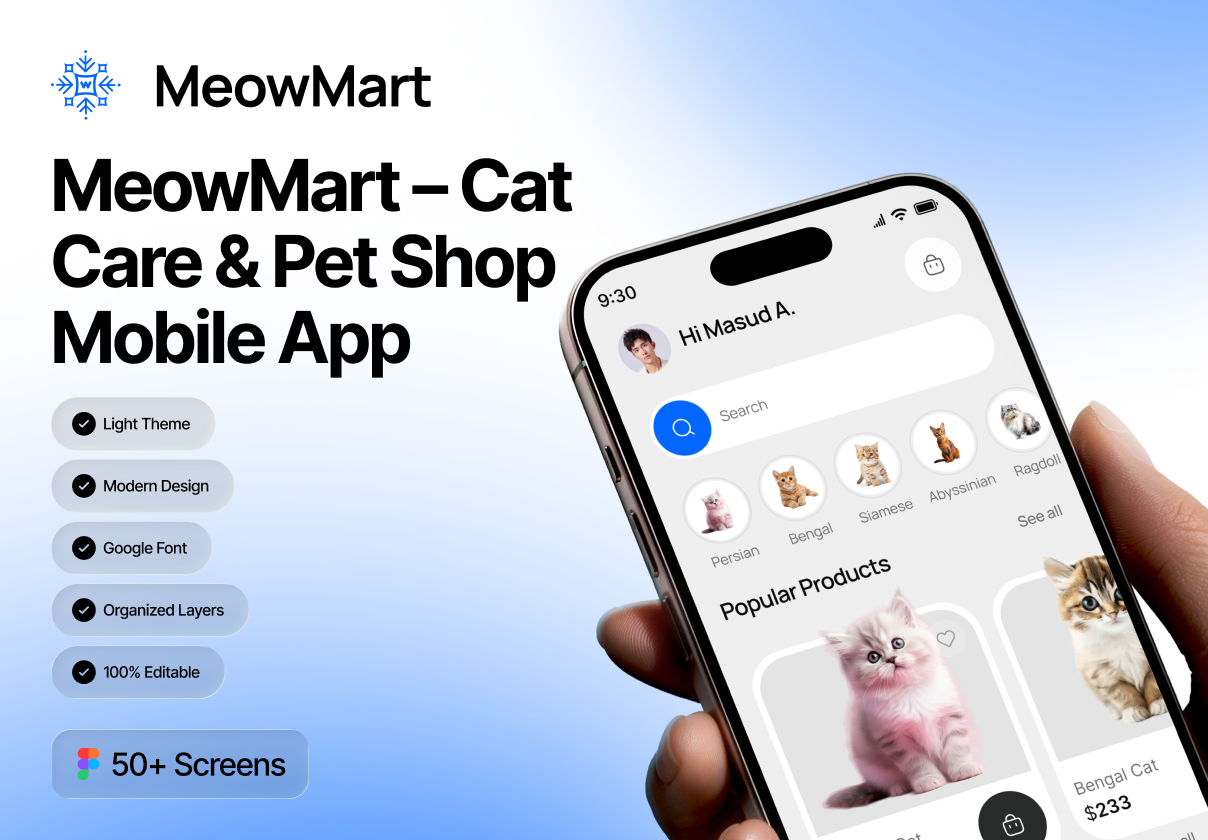 MeowMart – Cat Care & Pet Shop Mobile App UI Kit - Ecommerce, Mobile design asset by ui8