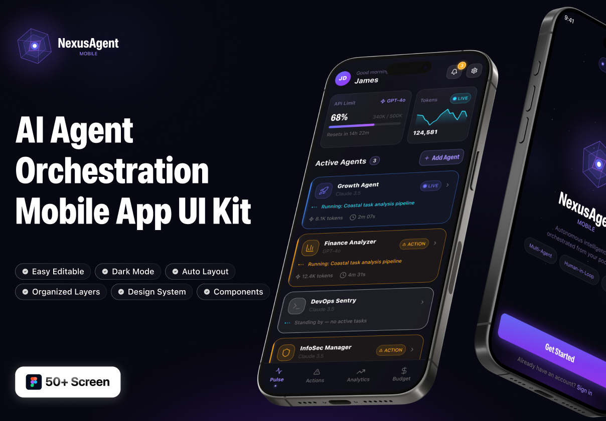 NexusAgent AI Orchestration Mobile App UI Kit - Mobile design asset by ui8