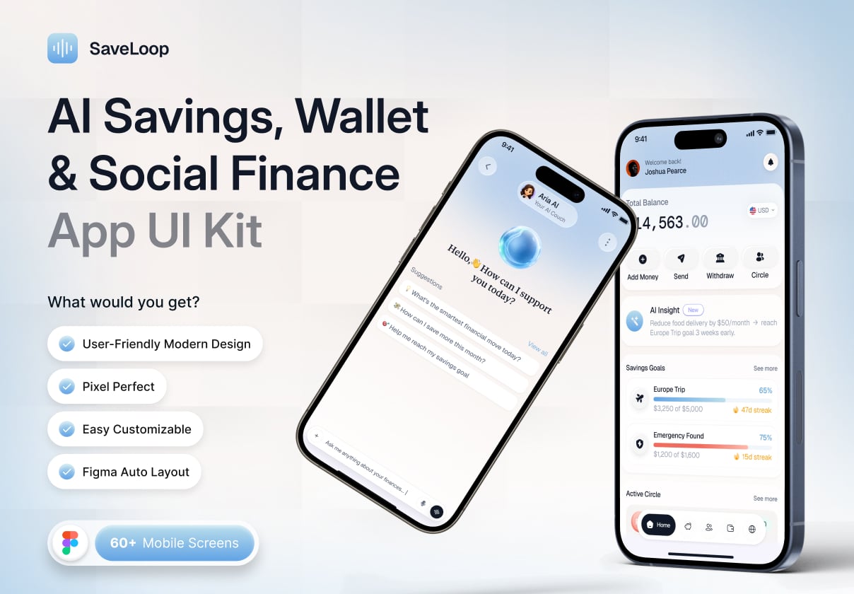 SaveLoop – AI Savings, Wallet & Social Finance Mobile App UI Kit - Mobile design asset by ui8