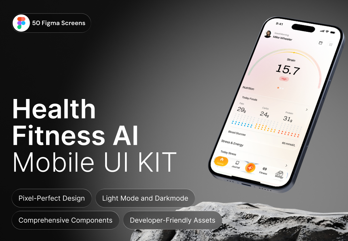 Health & Fitness AI Mobile UI Kit – 100 Screens (Light & Dark) - Mobile design asset by ui8