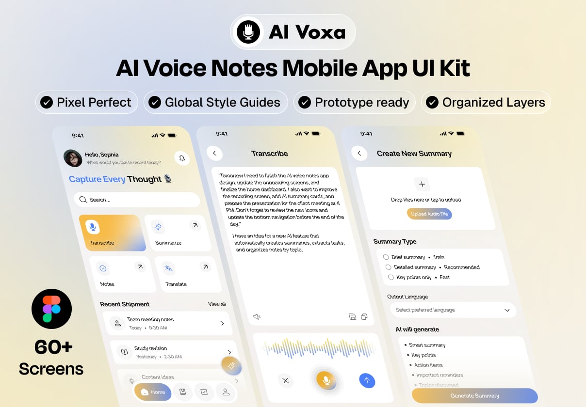 AI Voice Notes – Mobile App UI Kit - Mobile design asset by ui8