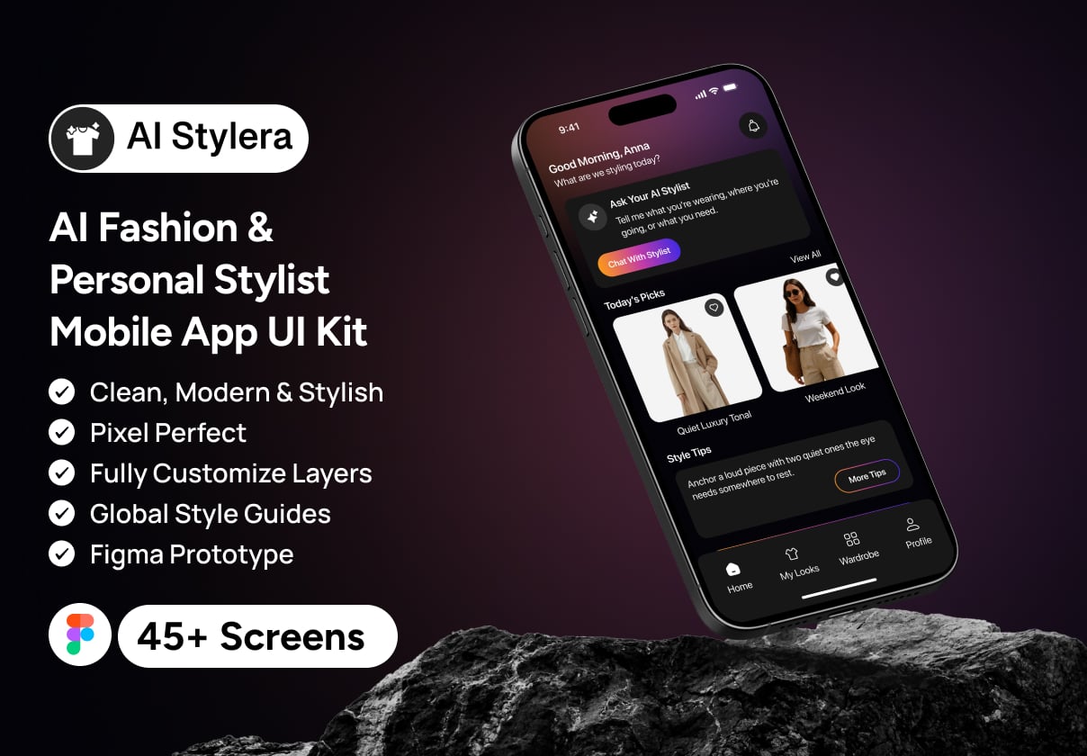 AI Stylera – AI Fashion & Personal Stylist Mobile App UI Kit - Portfolio, Mobile design asset by ui8