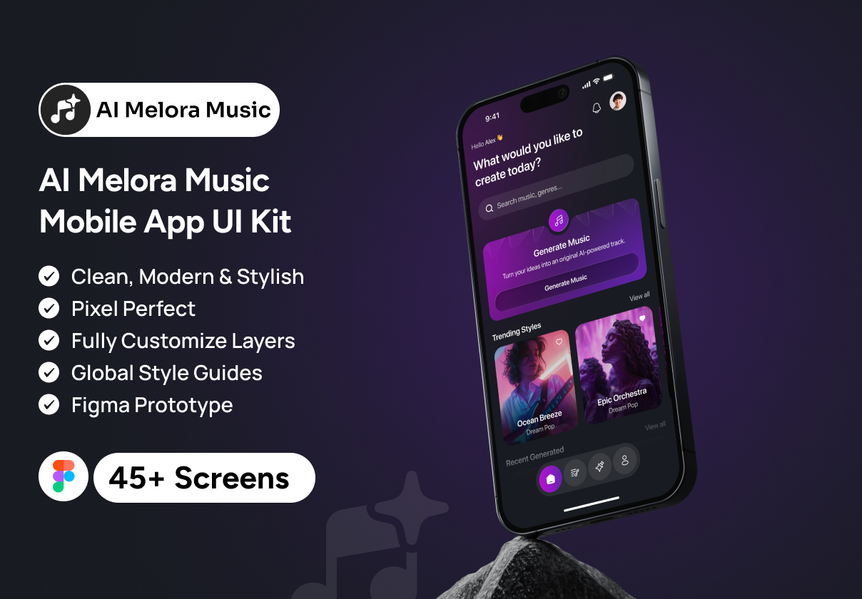 Melora – AI Music Mobile App UI Kit - Mobile design asset by ui8