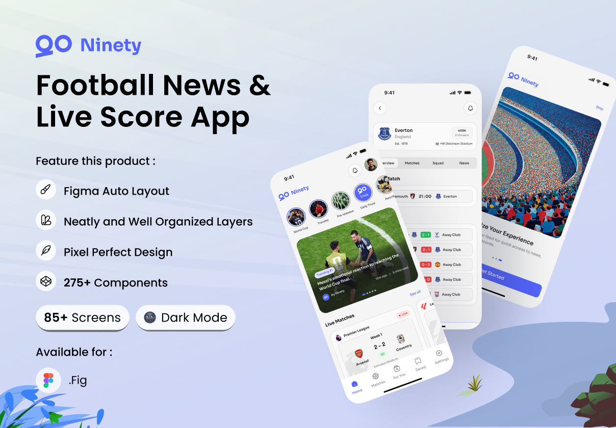 Ninety - Football News & Live Score App - Mobile, Blog design asset by ui8
