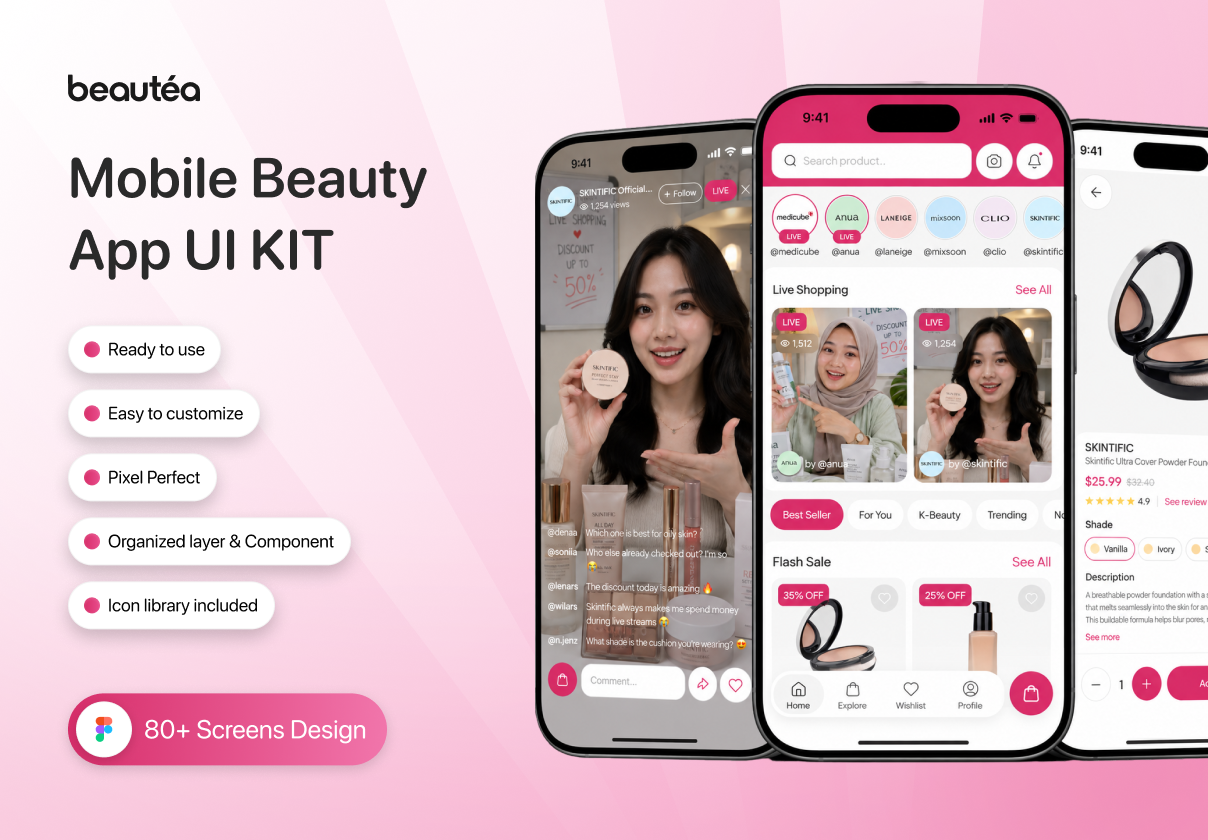 Beautéa - Beauty Skincare Mobile App UI Kit - Mobile design asset by ui8