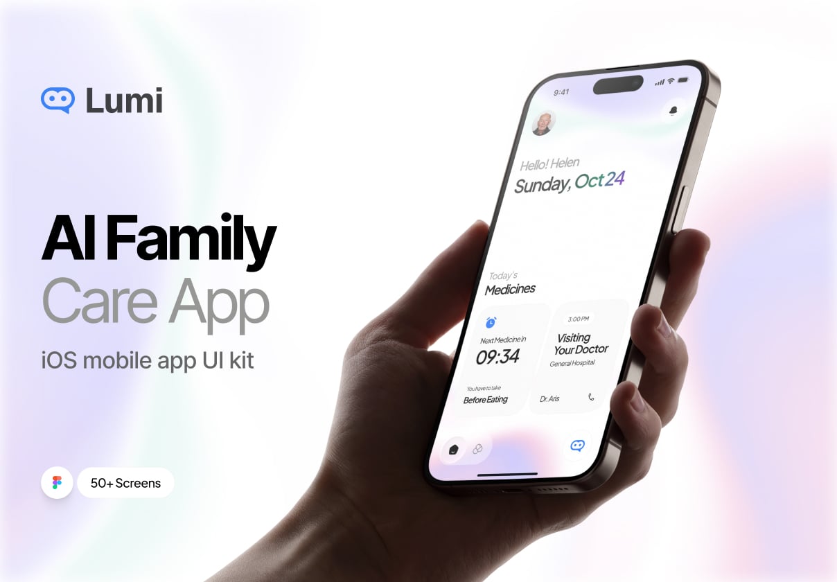 Lumi – AI Family Care iOS App UI Kit - Mobile design asset by ui8