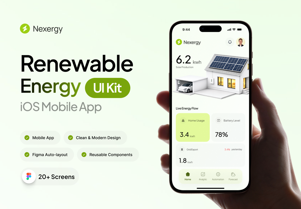 Nexergy – Renewable Energy iOS App UI Kit - Mobile design asset by ui8