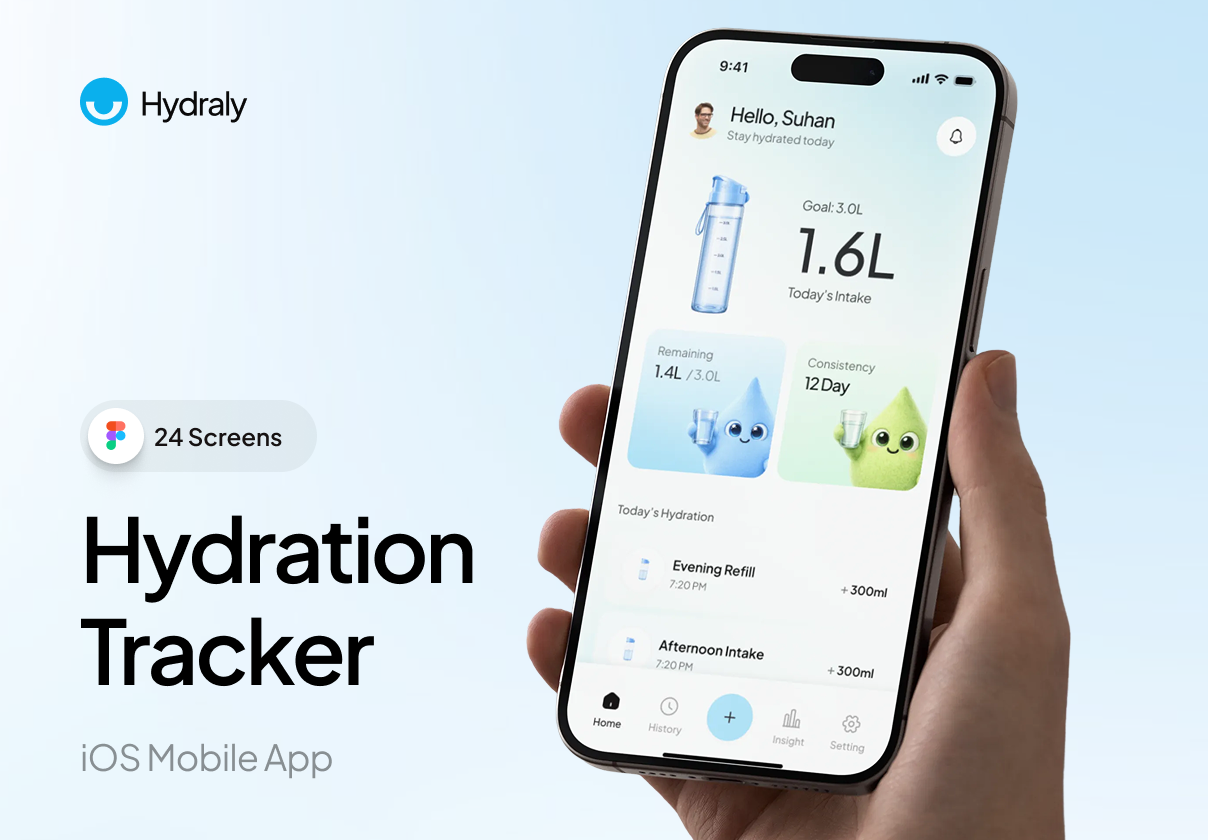 Hydraly – Hydration Tracker & Water Reminder iOS UI Kit - Mobile design asset by ui8