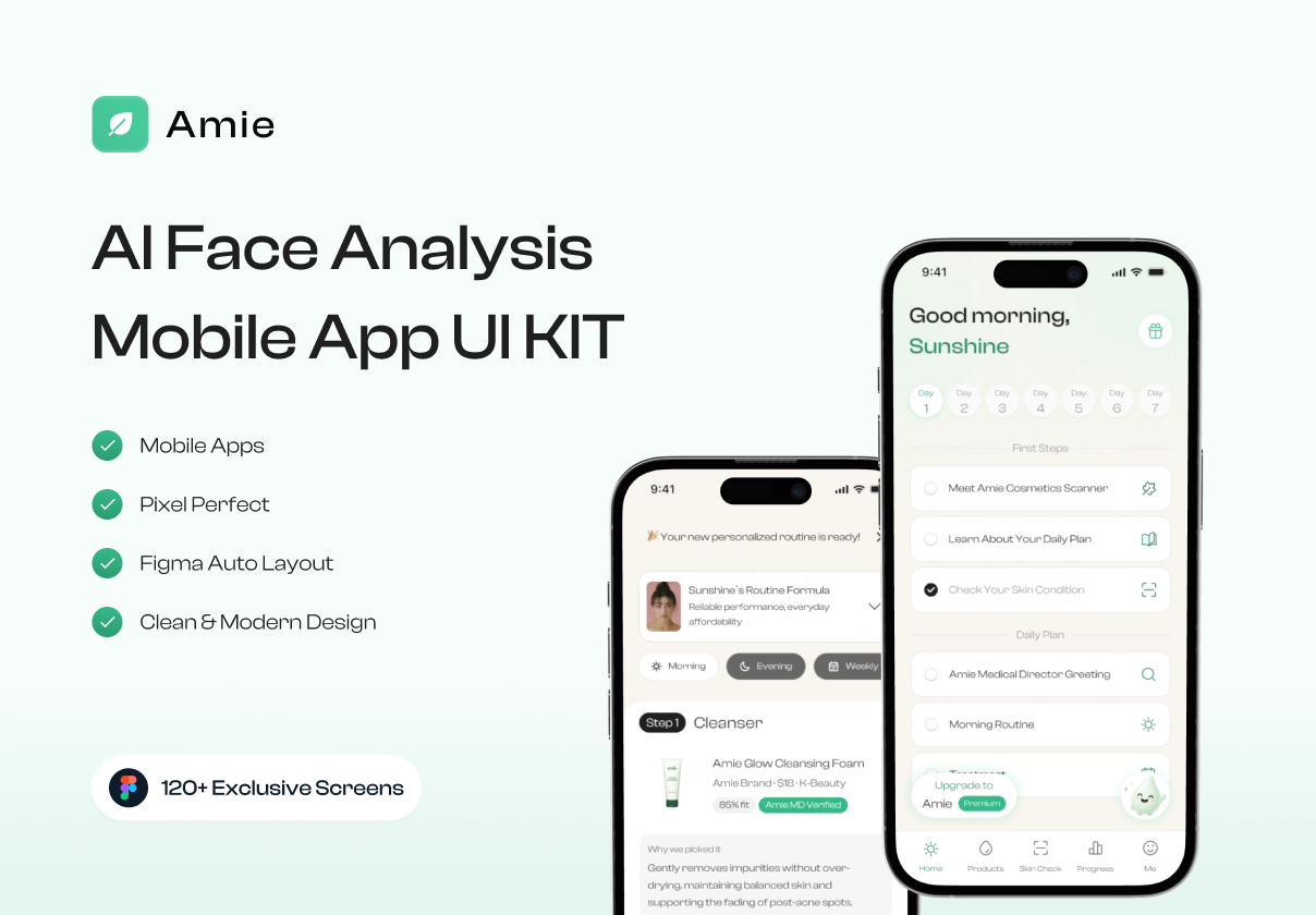 Amie: AI Face Analysis Mobile App UI Kit - Mobile design asset by ui8