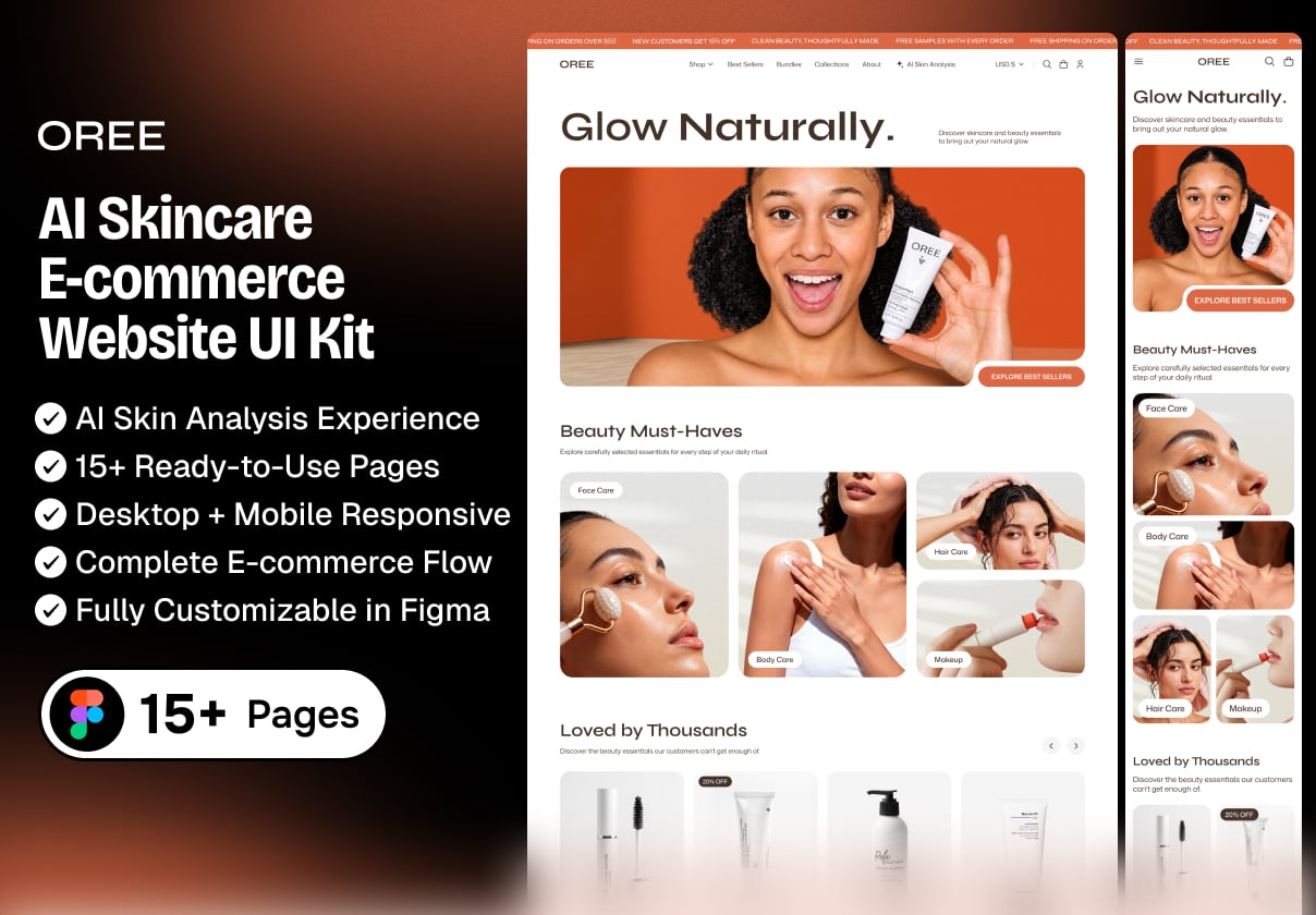 AI OREE Skincare E-commerce Website UI Kit - Ecommerce design asset by ui8