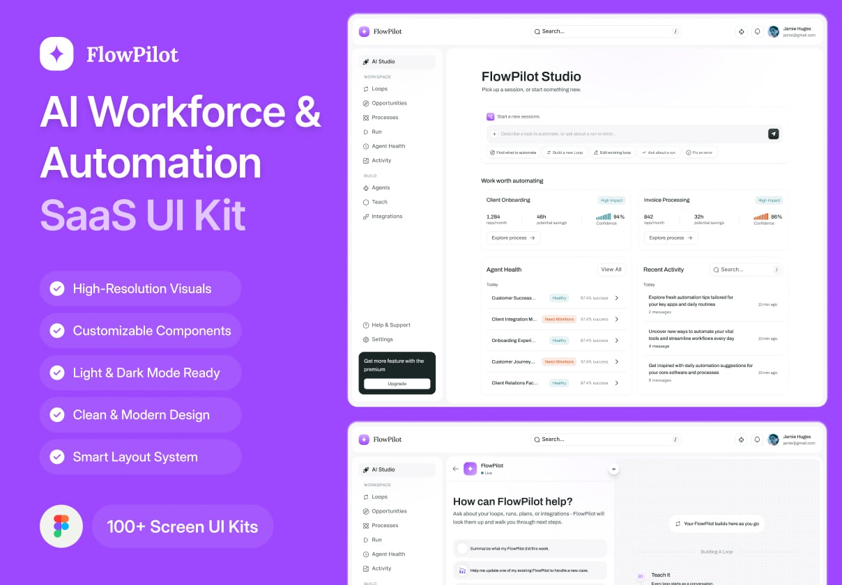 FlowPilot - AI Workforce & Automation SaaS UI Kit - SaaS design asset by ui8