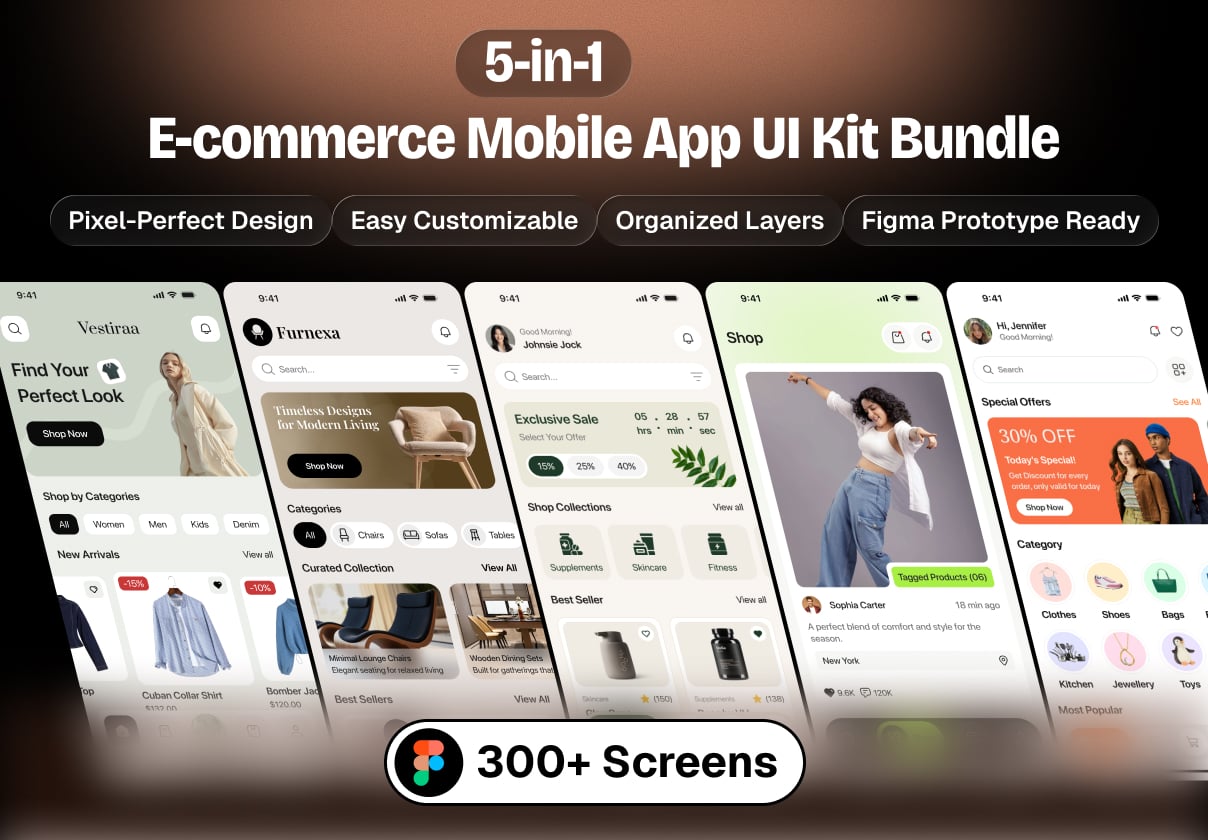 5-in-1 E-commerce Mobile App UI Kit Bundle - Ecommerce, Mobile design asset by ui8