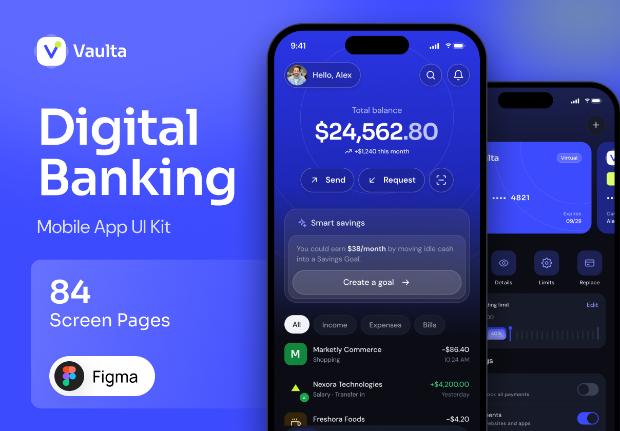 Vaulta – Digital Banking Mobile App UI Kit - Mobile design asset by UI8