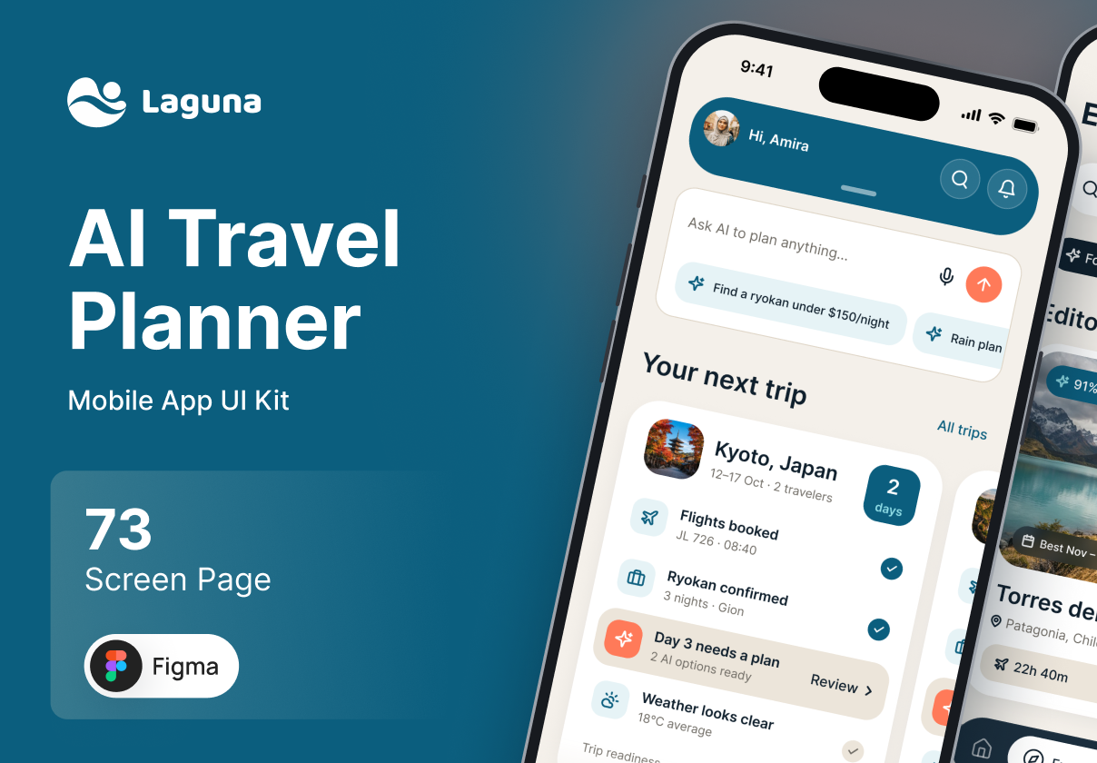 Laguna – AI Travel Planner Mobile App UI Kit - Mobile design asset by UI8