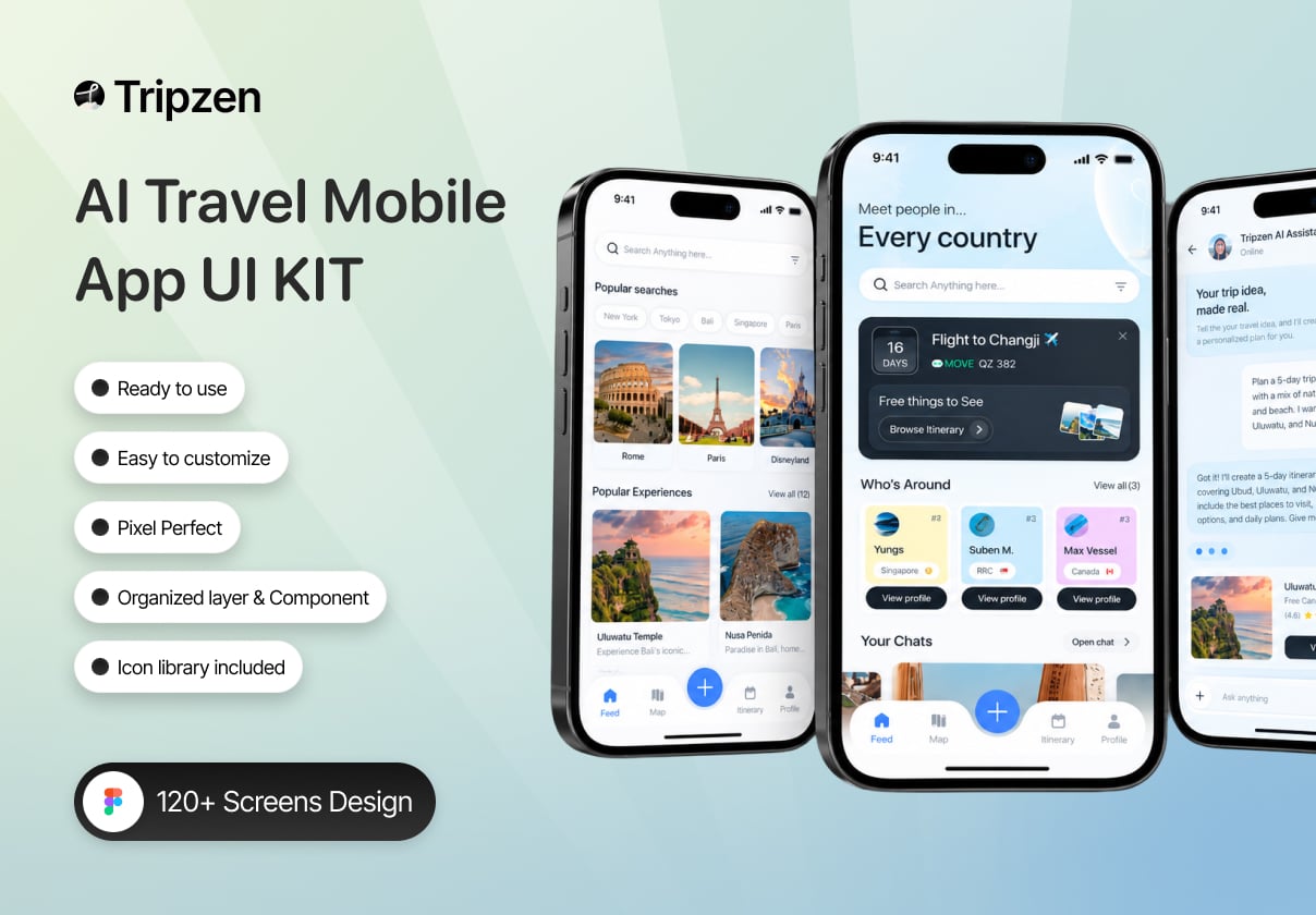 Tripzen - AI Travel Mobile App UI Kit - Mobile design asset by UI8