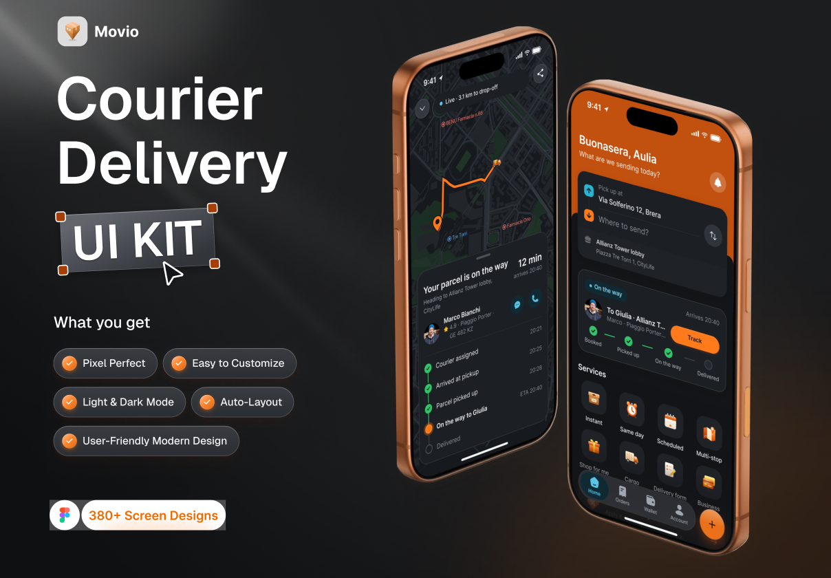 Movio – Delivery Courier Mobile App UI Kit - Mobile design asset by UI8