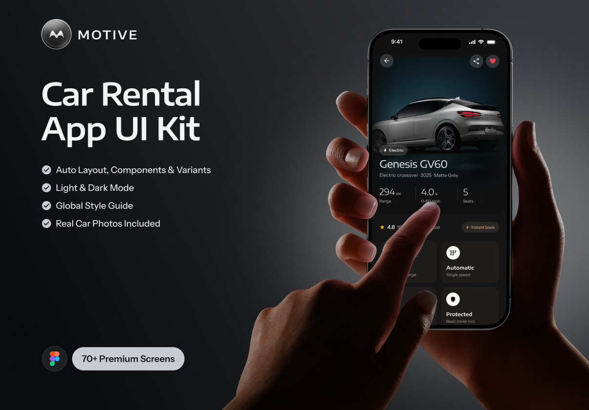 Motive – Car Rental Mobile App UI Kit (Dark & Light) - Mobile design asset by UI8