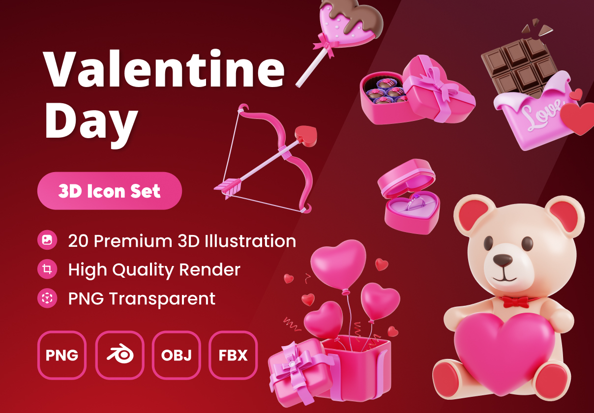 3d Valentine's Day Icon Illustrations - Uncategorized design asset by ui8