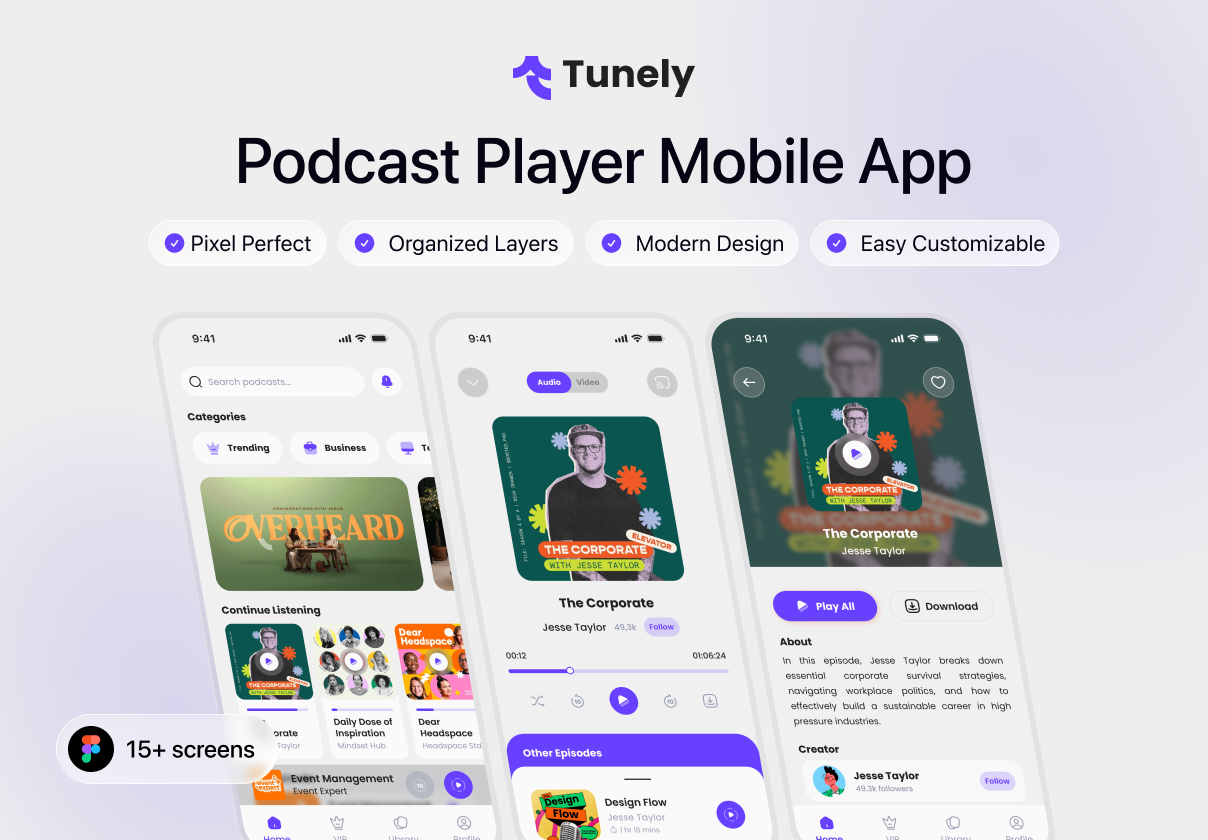 Tunely - Podcast Player Mobile App - Mobile design asset by ui8