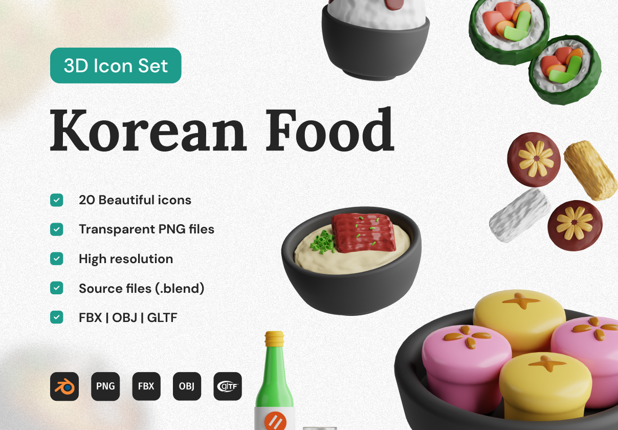 Korean Food 3D Icon Set - design asset by UI8