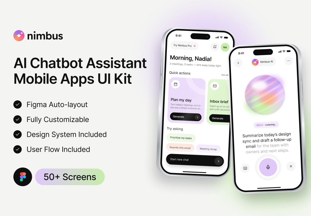 Nimbus AI Chatbot Assistant Mobile App UI Kit - Mobile design asset by UI8