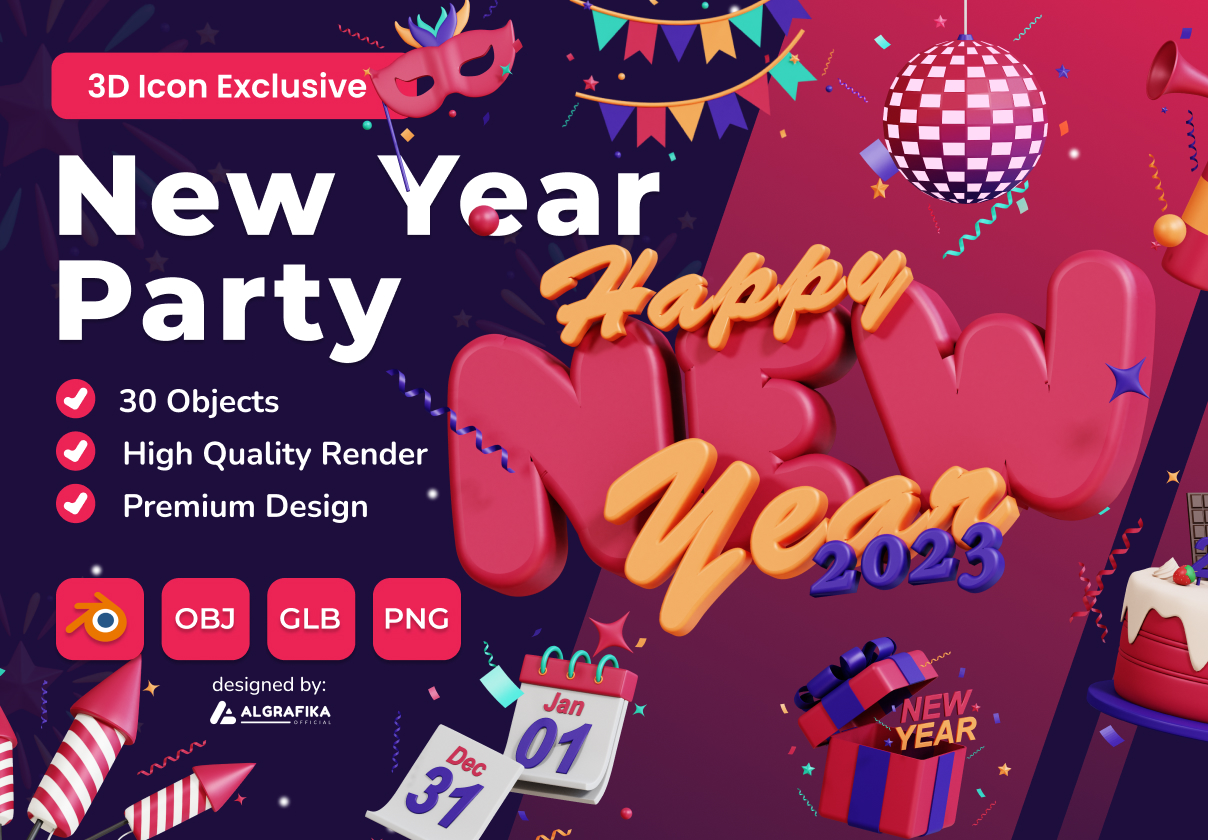 New Year 3D Icon Pack - Uncategorized design asset by ui8