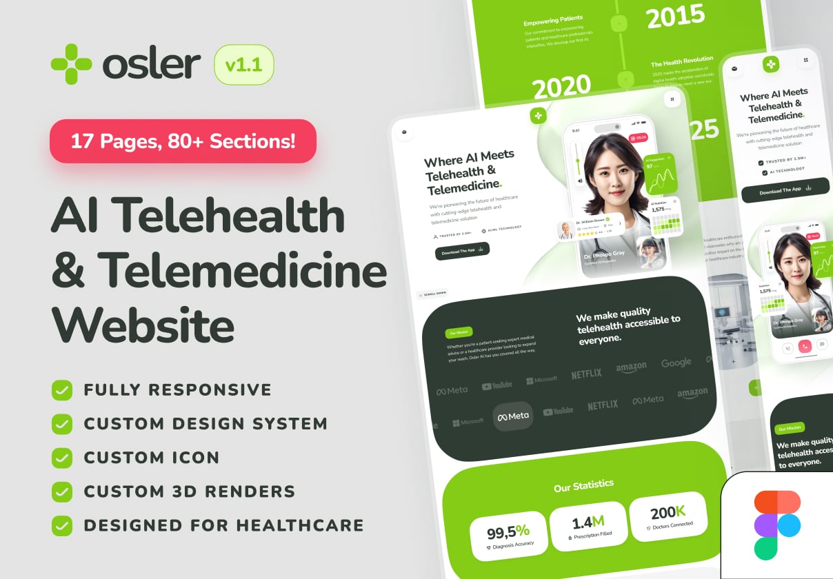 osler: AI Telehealth & Telemedicine Website: A 17-page telehealth website UI kit with 80+ sections, custom icons and 3D renders, aimed at health-tech teams.