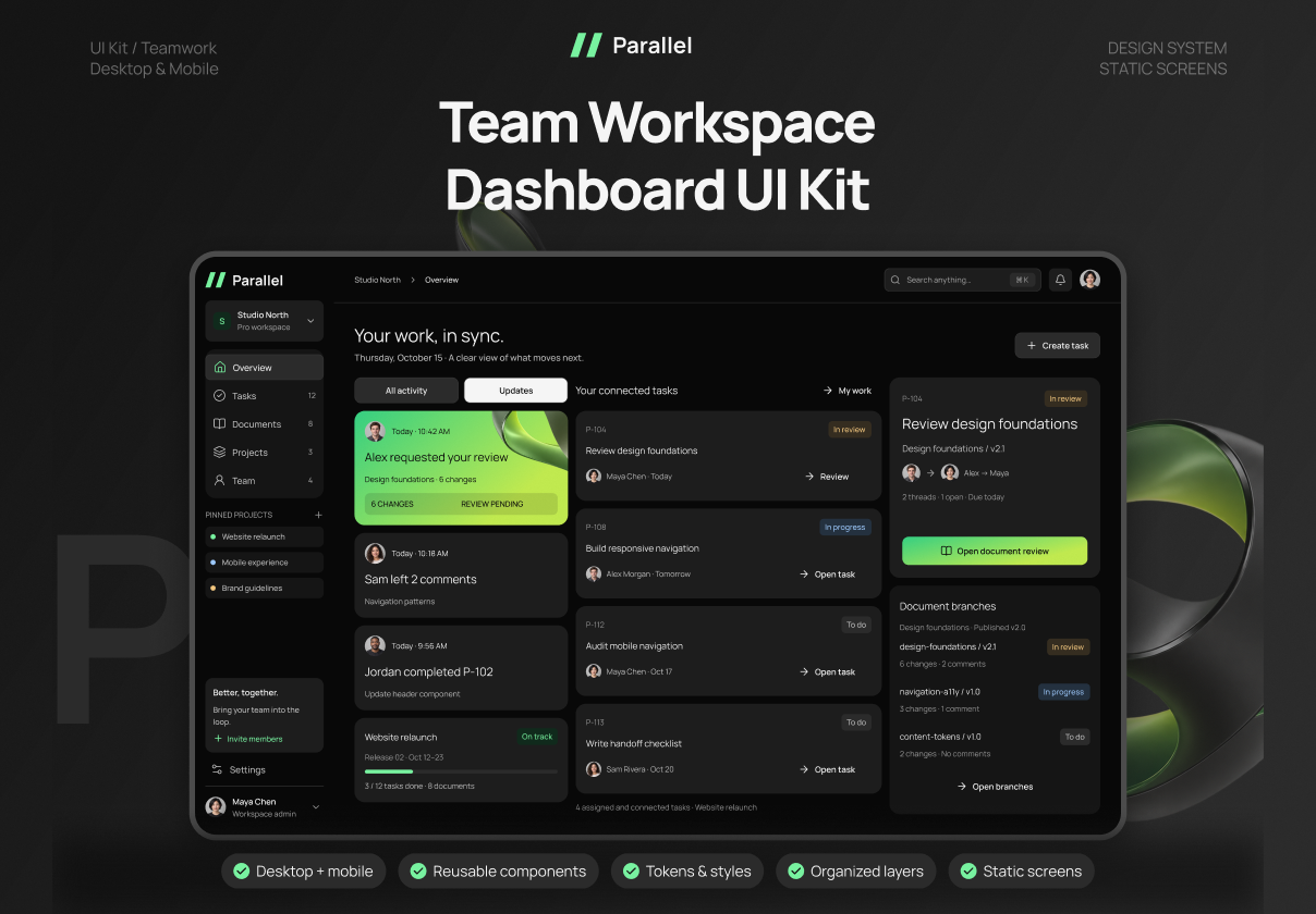 Parallel Team Workspace UI Kit - design asset by UI8