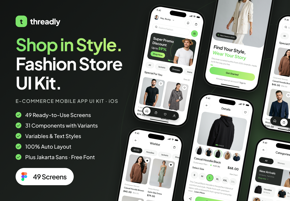 Threadly – Fashion Store App UI Kit - Ecommerce, Mobile design asset by UI8