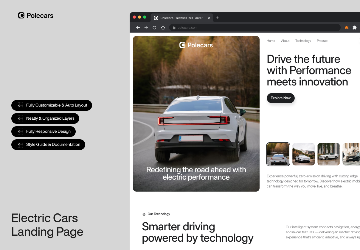 Polecars — Electric Vehicle Landing Page UI Kit - Landing Page design asset by ui8